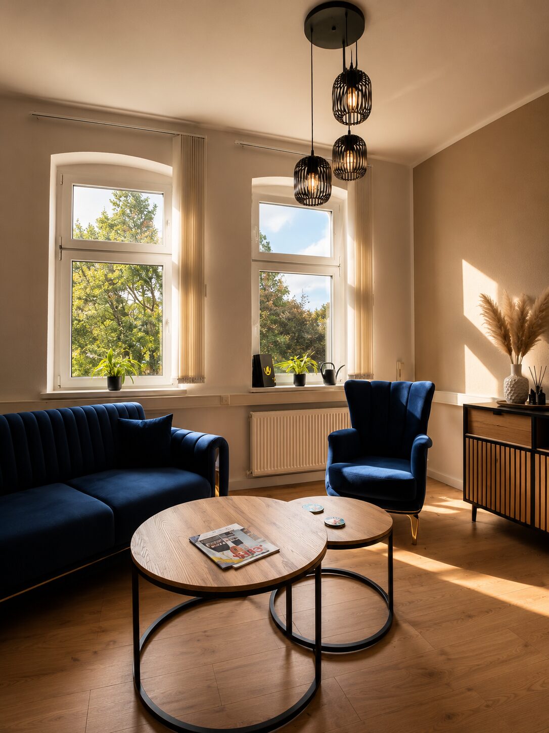 Beratungsraum im Büro von Piet Steglich in Bautzen mit blauem Sofa, Sessel und Couchtischen